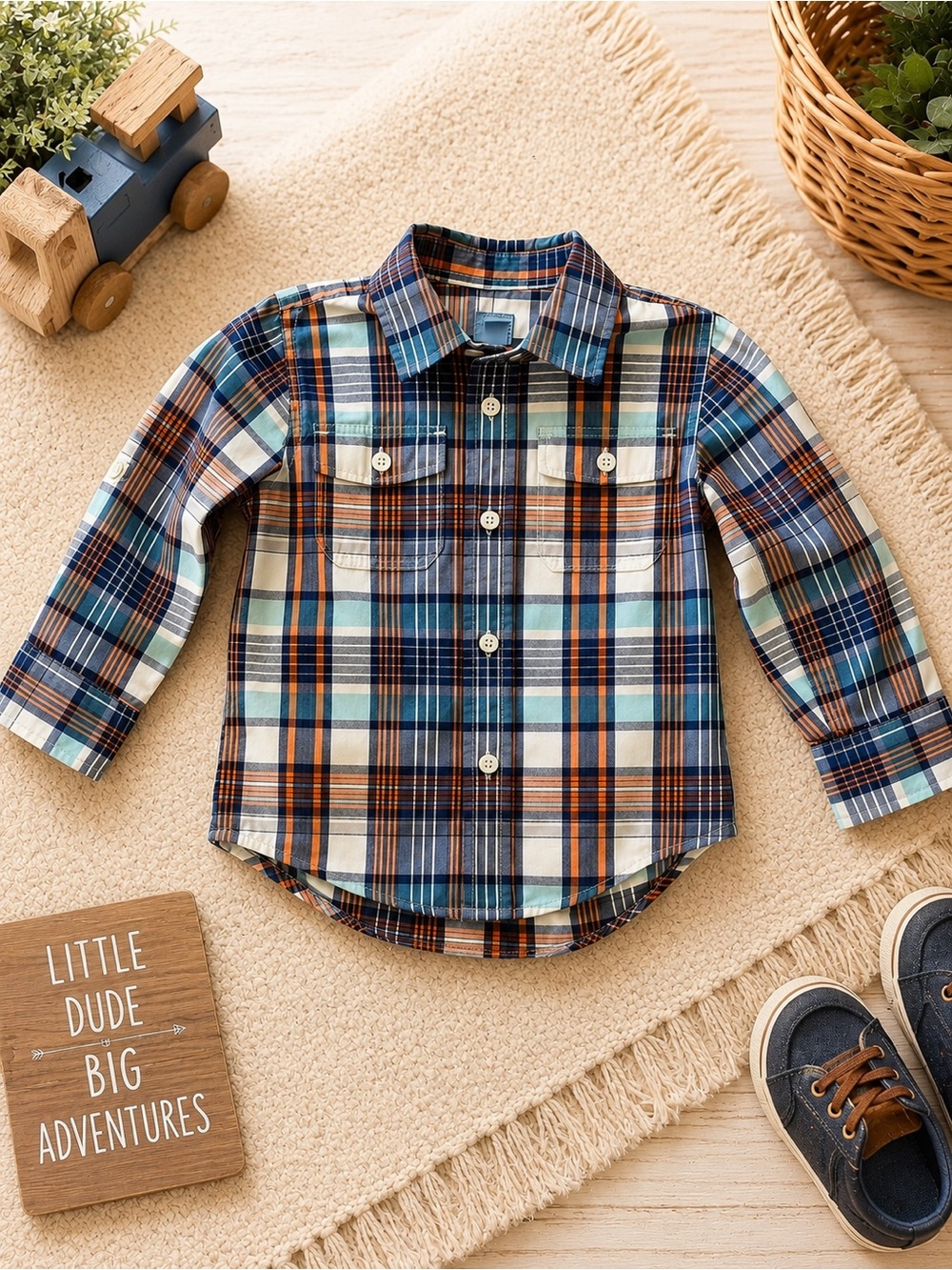 GAP Boys 3T Plaid Button-Down Shirt - Blue, Brown & Cream